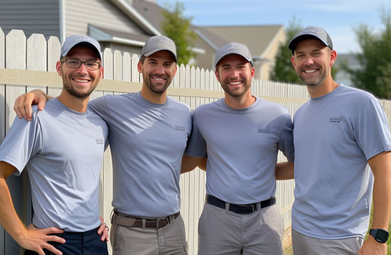 Fence installation team standing in front of a new fence