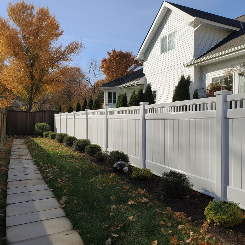 nice white vinyl fence in front of a House