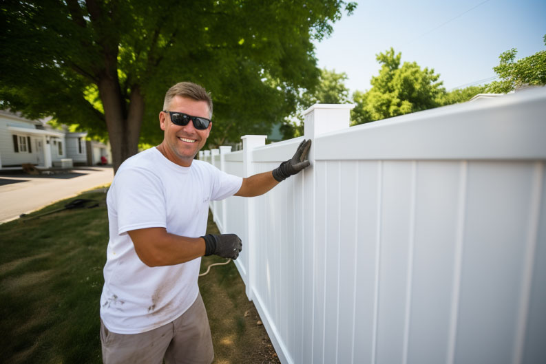 Fence worker proud of vinyl fence he is installing